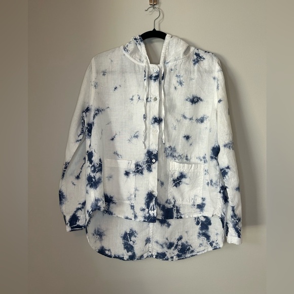 Rachel Zoe Linen Tie Dye Oversized Button Down Hooded Top Size Small Blue EUC - Picture 2 of 7